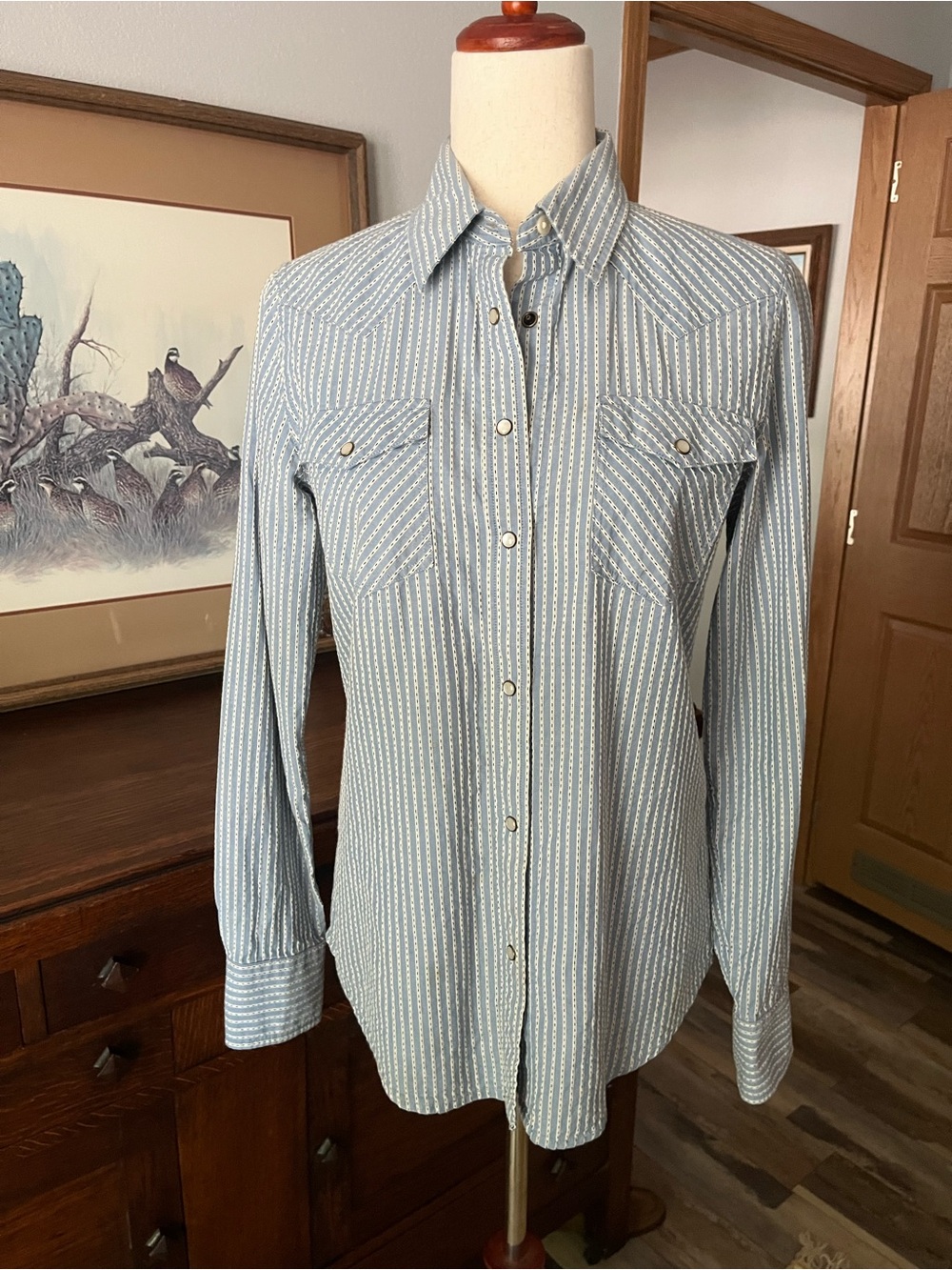 Vtg Ralph Lauren western blue tick pearl snap shirt